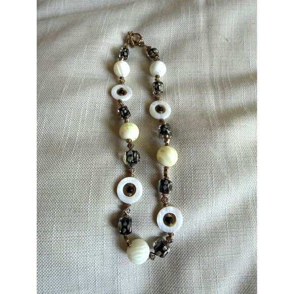 Vintage Mother of Pearl & Glass Beaded Necklace | Gold Tone Accents - Picture 1 of 5